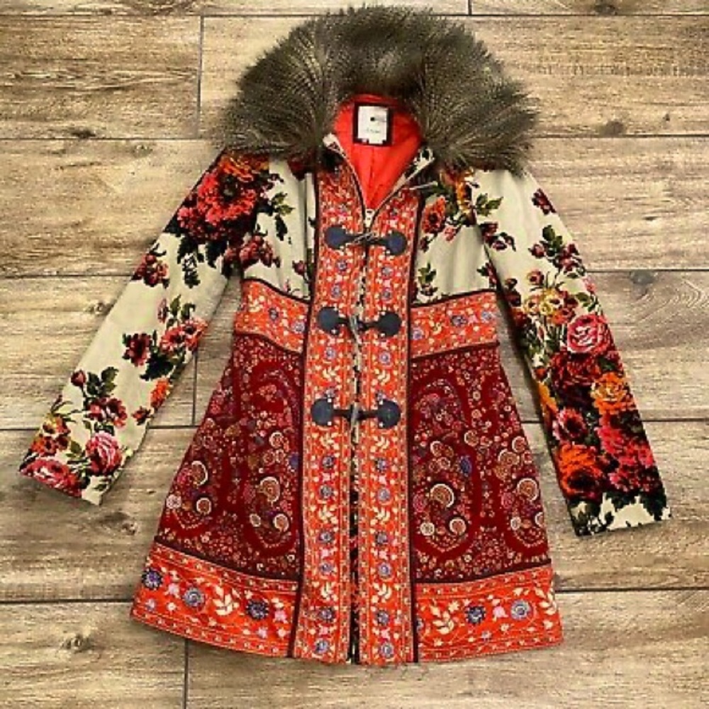 ANTHROPOLOGIE, Size 4, Elevenses Karelia Faux Fur Collar Velvet Floral Coat